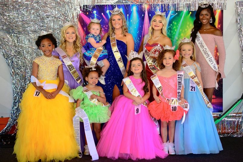 The 2025 Miss Union County Fair royalty in gowns and sashes across every age division.